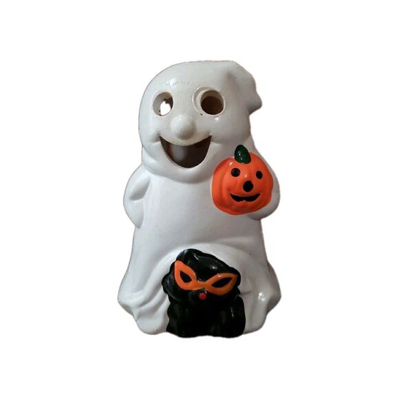 Halloween Ghost Pumpkin Black Cat Ceramic Candle Holder Vintage Jack O'Lantern - Picture 1 of 14